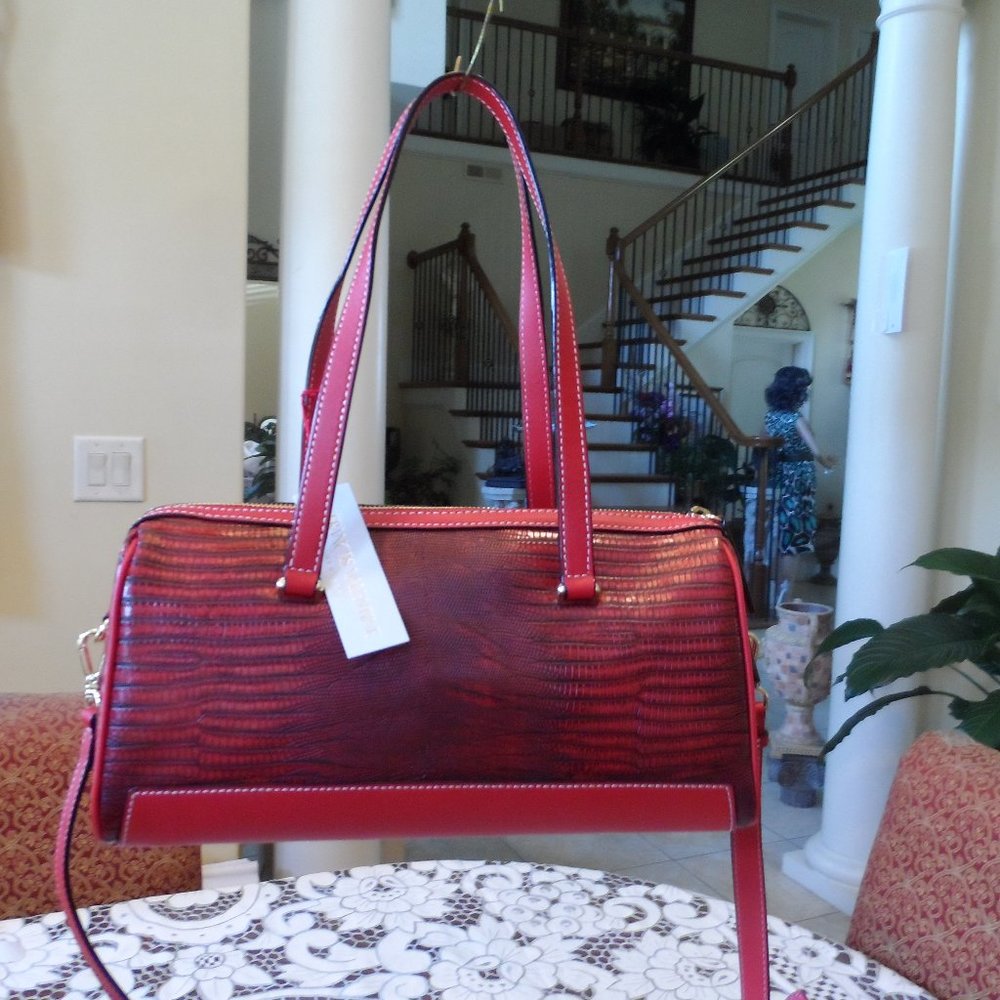 New Frances Valentine Avril Red Lizzard Print Leather Barrel Shoulder Bag